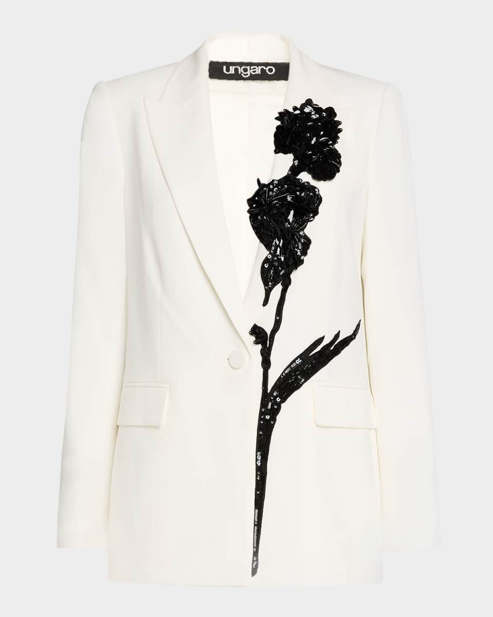 Single-Button Sequin Floral Applique Blazer